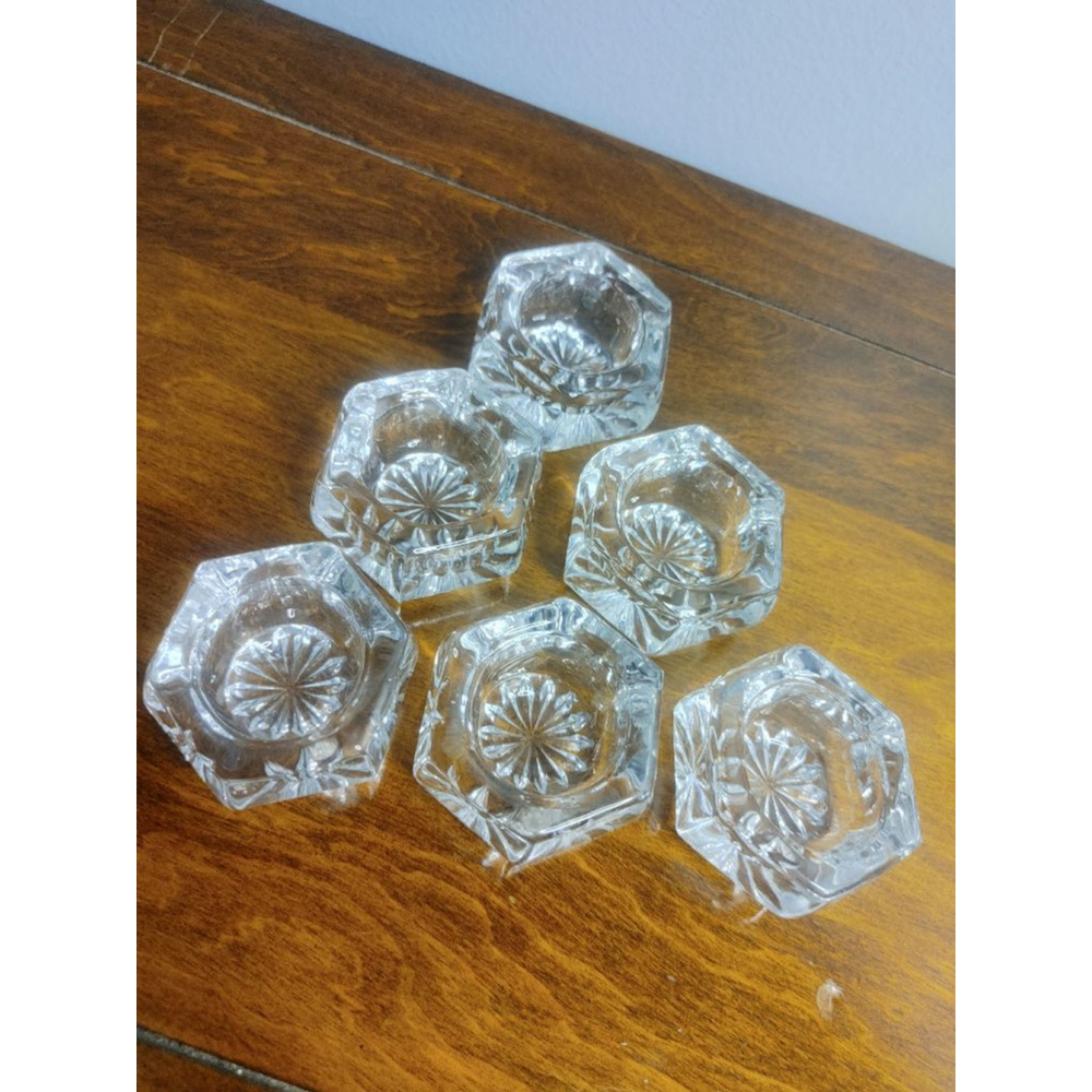 Vintage Clear Glass Starburst Floral Hexagonal Individual Salt Cellar -6